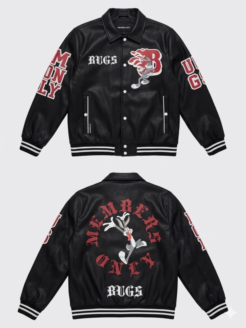 Members Only Black Varsity Faux Leather Jacket with Bugs Bunny